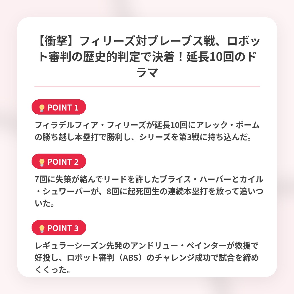 【衝撃】フィリーズ対ブレーブス戦、ロボット審判の歴史的判定で決着！延長10回のドラマの注目ポイントまとめ